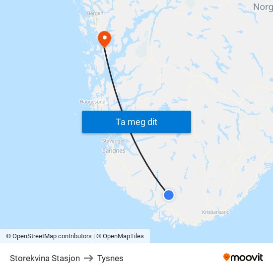 Storekvina Stasjon to Tysnes map