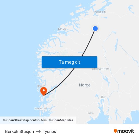 Berkåk Stasjon to Tysnes map