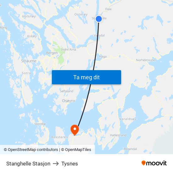 Stanghelle Stasjon to Tysnes map