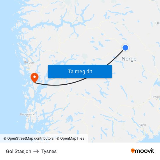 Gol Stasjon to Tysnes map