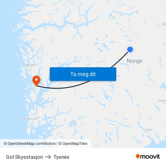 Gol Skysstasjon to Tysnes map