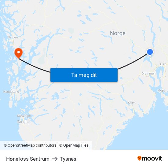 Hønefoss Sentrum to Tysnes map