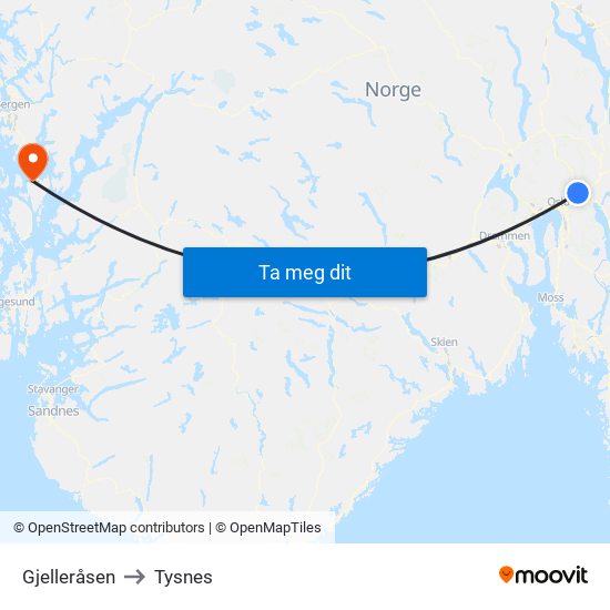 Gjelleråsen to Tysnes map