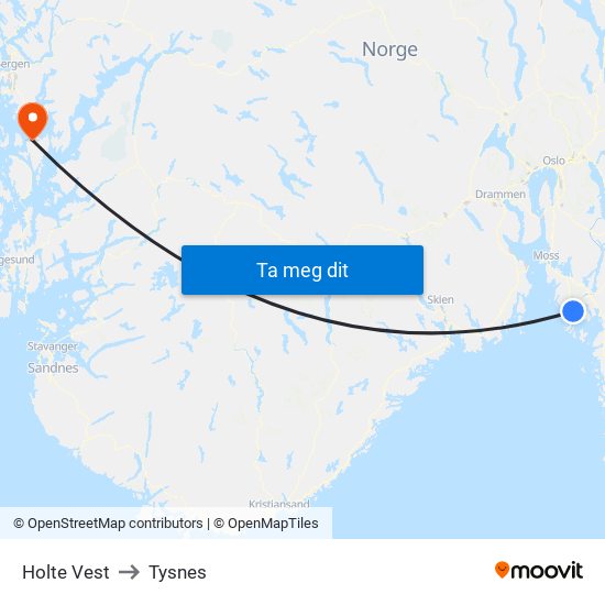 Holte Vest to Tysnes map