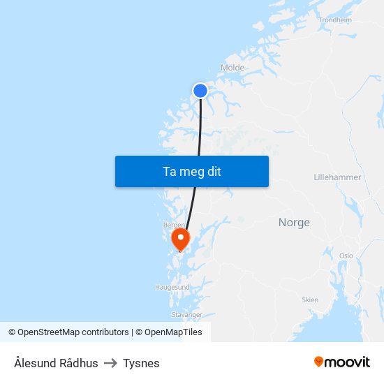 Ålesund Rådhus to Tysnes map