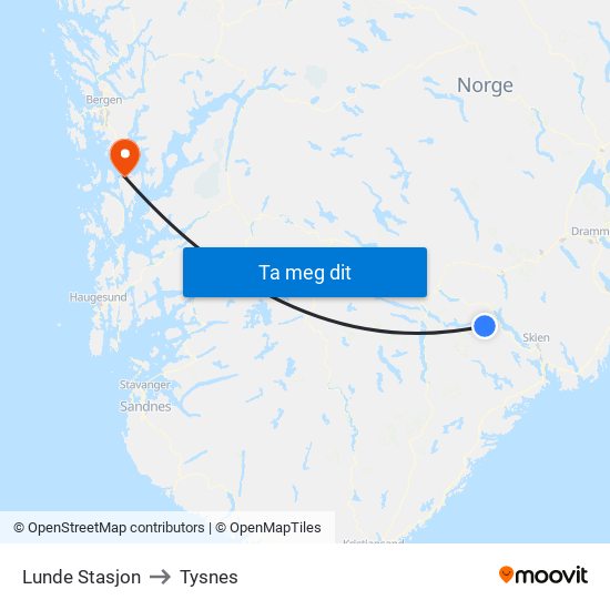 Lunde Stasjon to Tysnes map