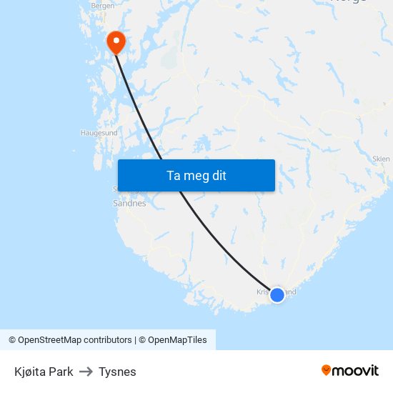 Kjøita Park to Tysnes map