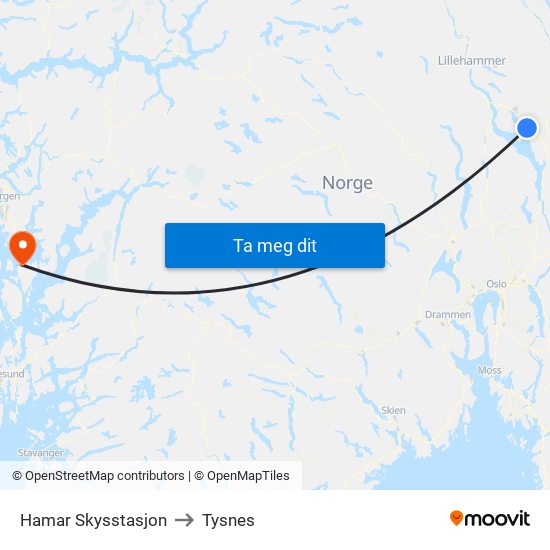 Hamar Skysstasjon to Tysnes map