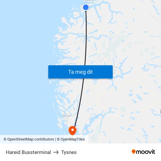 Hareid Bussterminal to Tysnes map