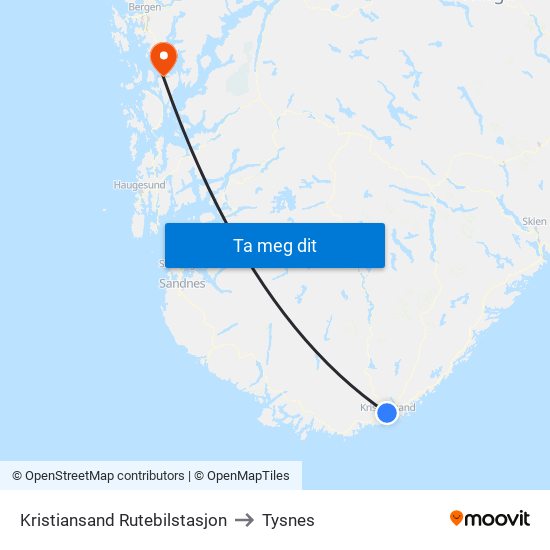 Kristiansand Rutebilstasjon to Tysnes map