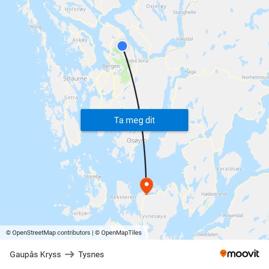 Gaupås Kryss to Tysnes map