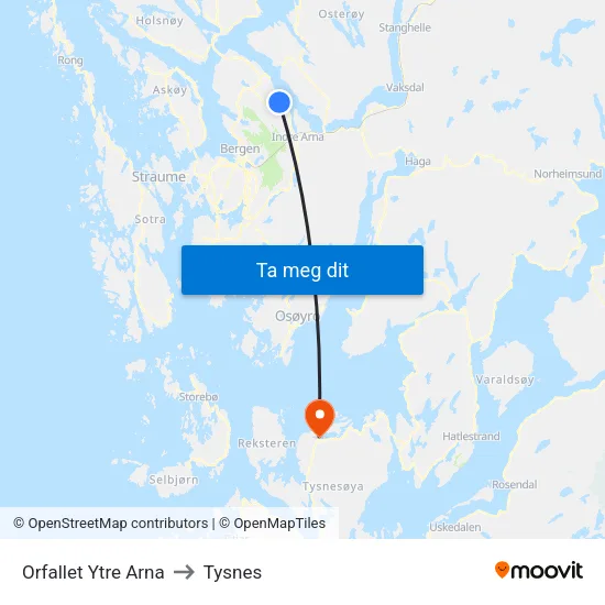 Orfallet Ytre Arna to Tysnes map