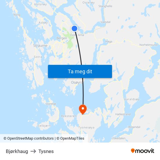 Bjørkhaug to Tysnes map