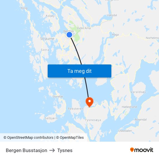 Bergen Busstasjon to Tysnes map