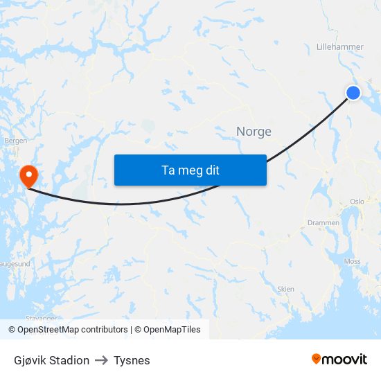 Gjøvik Stadion to Tysnes map