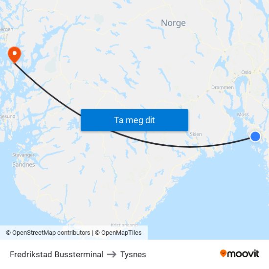 Fredrikstad Bussterminal to Tysnes map