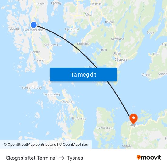 Skogsskiftet Terminal to Tysnes map