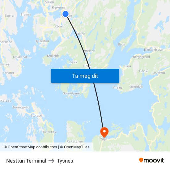 Nesttun Terminal to Tysnes map