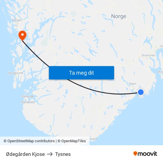 Ødegården Kjose to Tysnes map