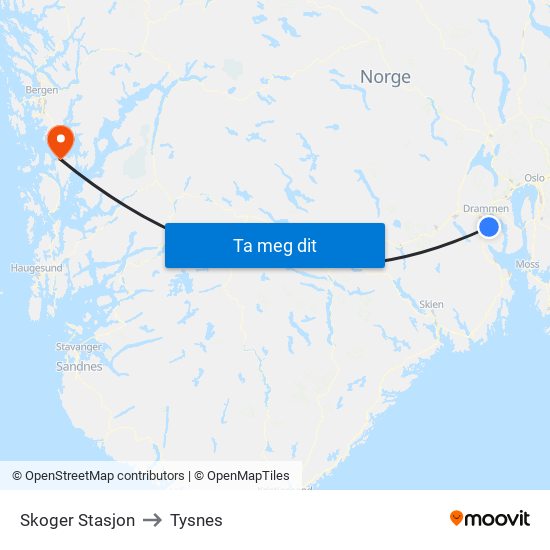 Skoger Stasjon to Tysnes map