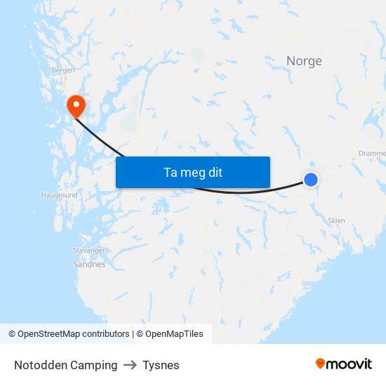 Notodden Camping to Tysnes map