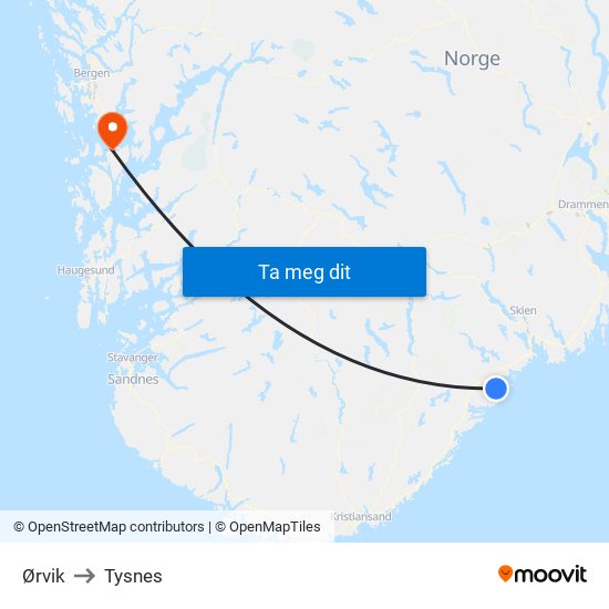 Ørvik to Tysnes map