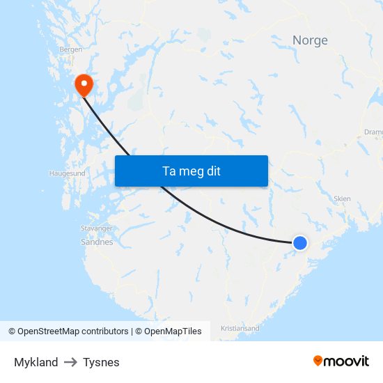 Mykland to Tysnes map