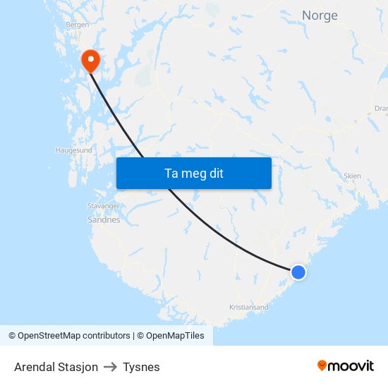 Arendal Stasjon to Tysnes map
