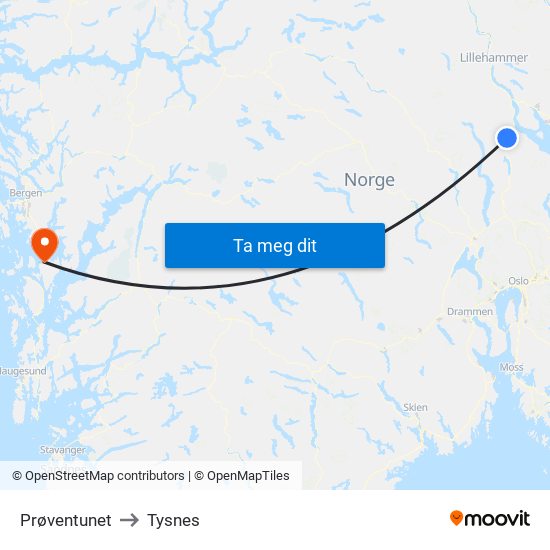 Prøventunet to Tysnes map