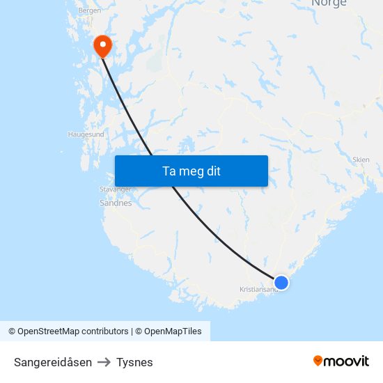 Sangereidåsen to Tysnes map