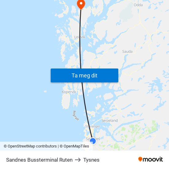Sandnes Bussterminal Ruten to Tysnes map