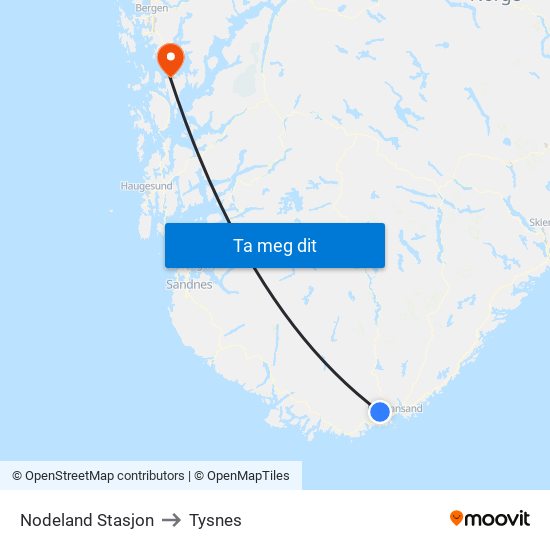 Nodeland Stasjon to Tysnes map