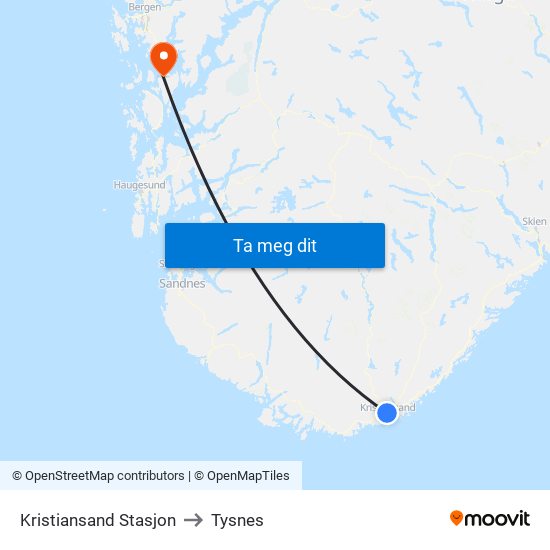 Kristiansand Stasjon to Tysnes map