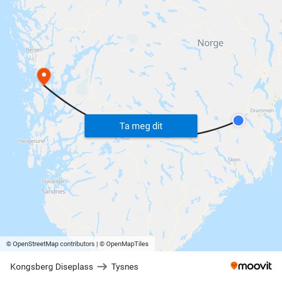 Kongsberg Diseplass to Tysnes map