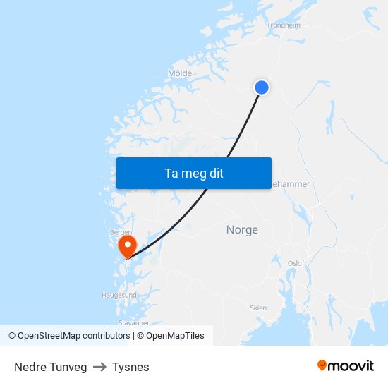 Nedre Tunveg to Tysnes map