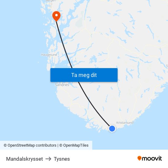 Mandalskrysset to Tysnes map