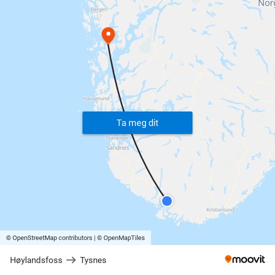 Høylandsfoss to Tysnes map