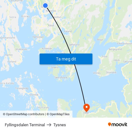 Fyllingsdalen Terminal to Tysnes map