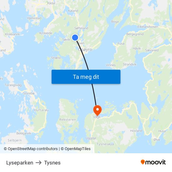 Lyseparken to Tysnes map