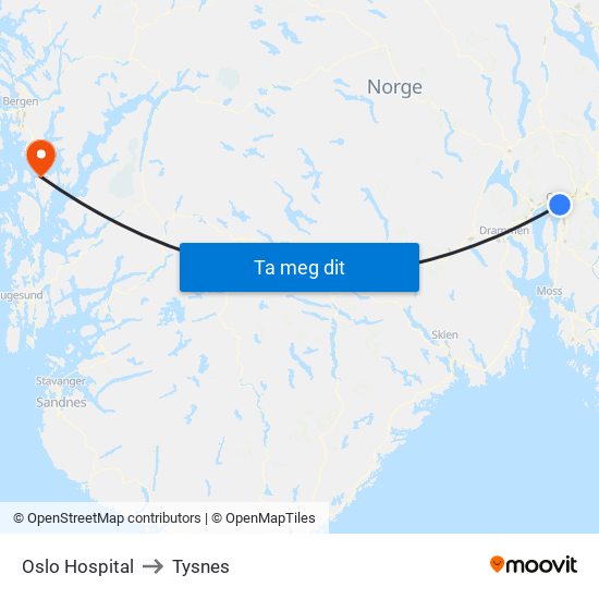 Oslo Hospital to Tysnes map