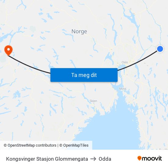 Kongsvinger Stasjon Glommengata to Odda map