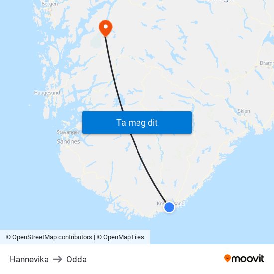 Hannevika to Odda map