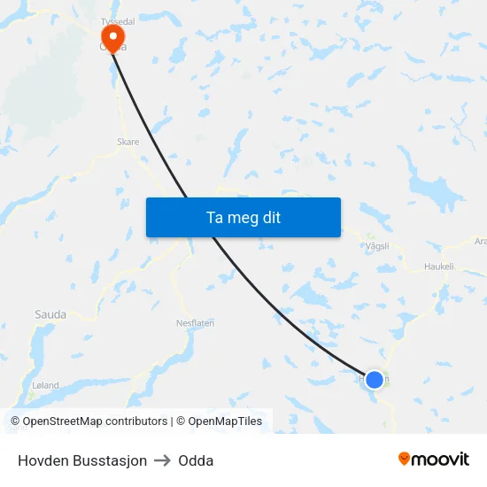 Hovden Busstasjon to Odda map
