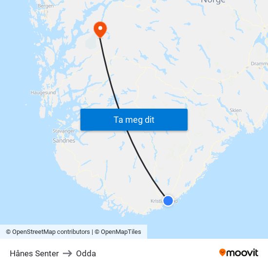 Hånes Senter to Odda map