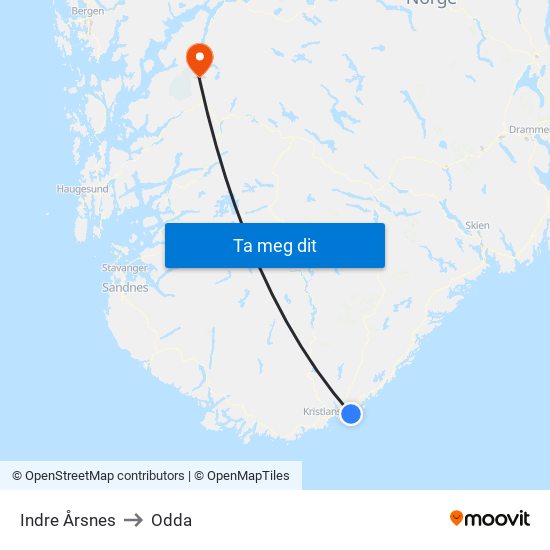 Indre Årsnes to Odda map