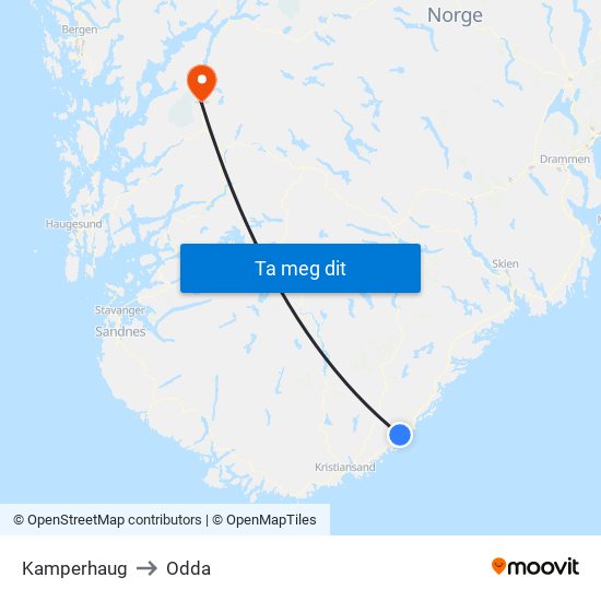 Kamperhaug to Odda map