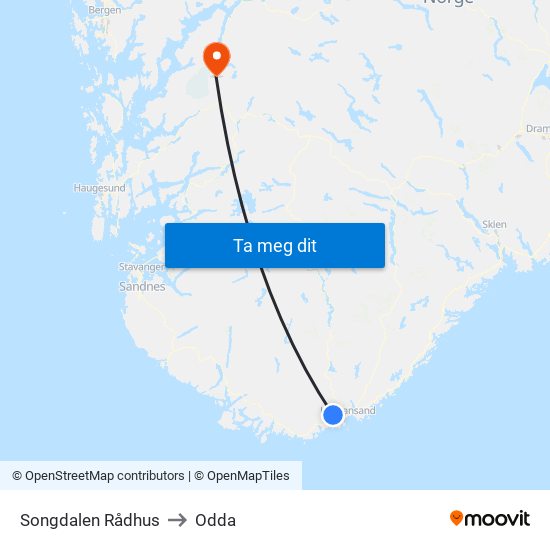 Songdalen Rådhus to Odda map