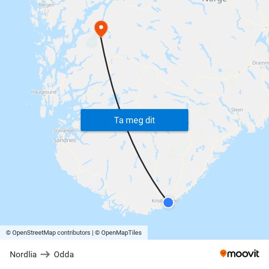 Nordlia to Odda map