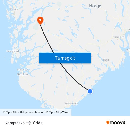 Kongshavn to Odda map