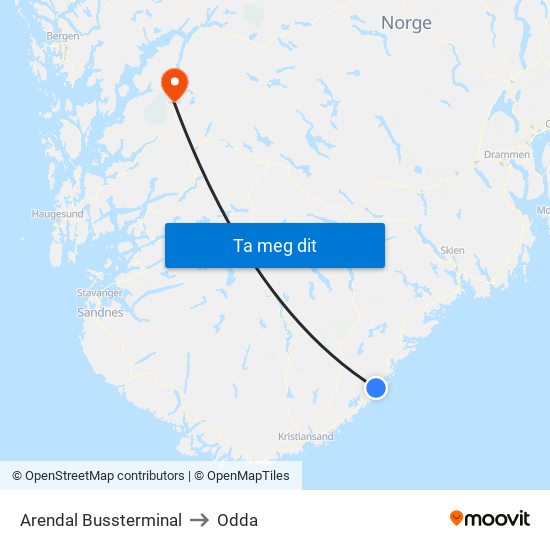 Arendal Bussterminal to Odda map